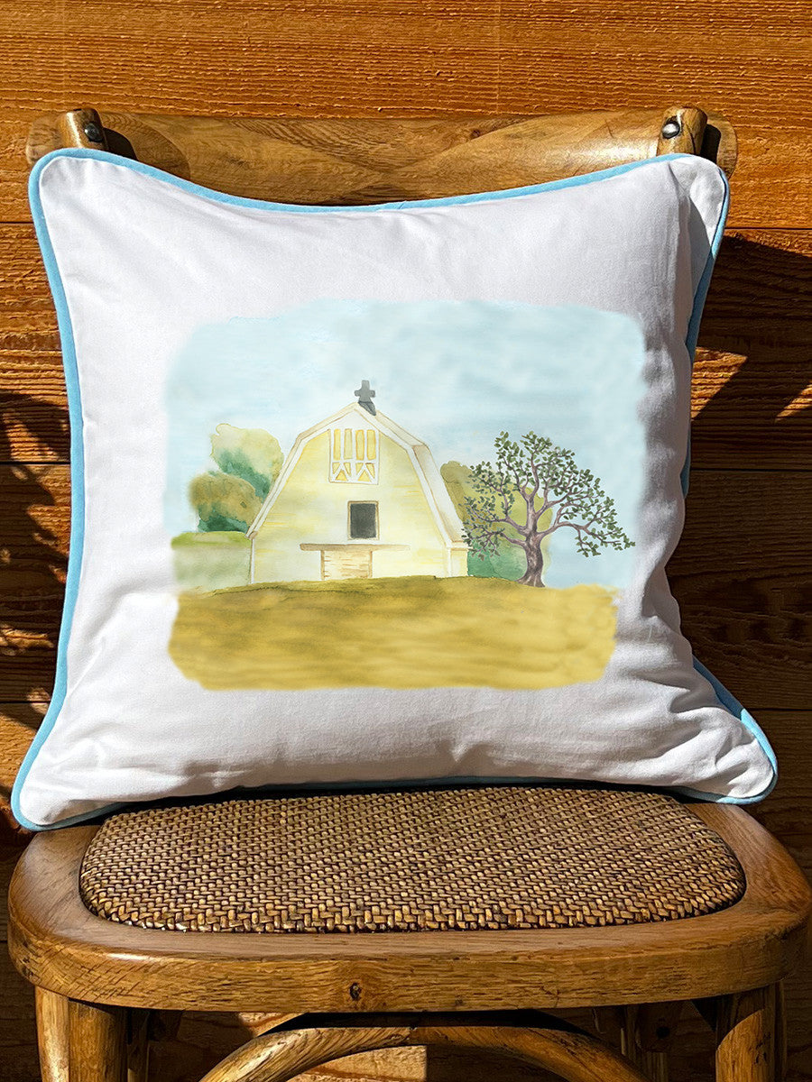 Yellow Barn White Square Pillow with Piping