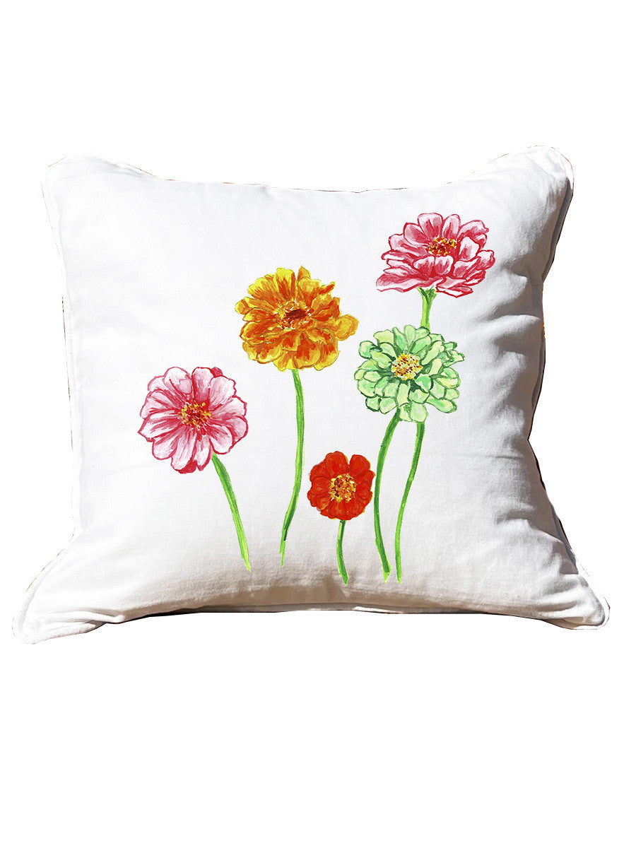 Zinnias White Pillow with Piping