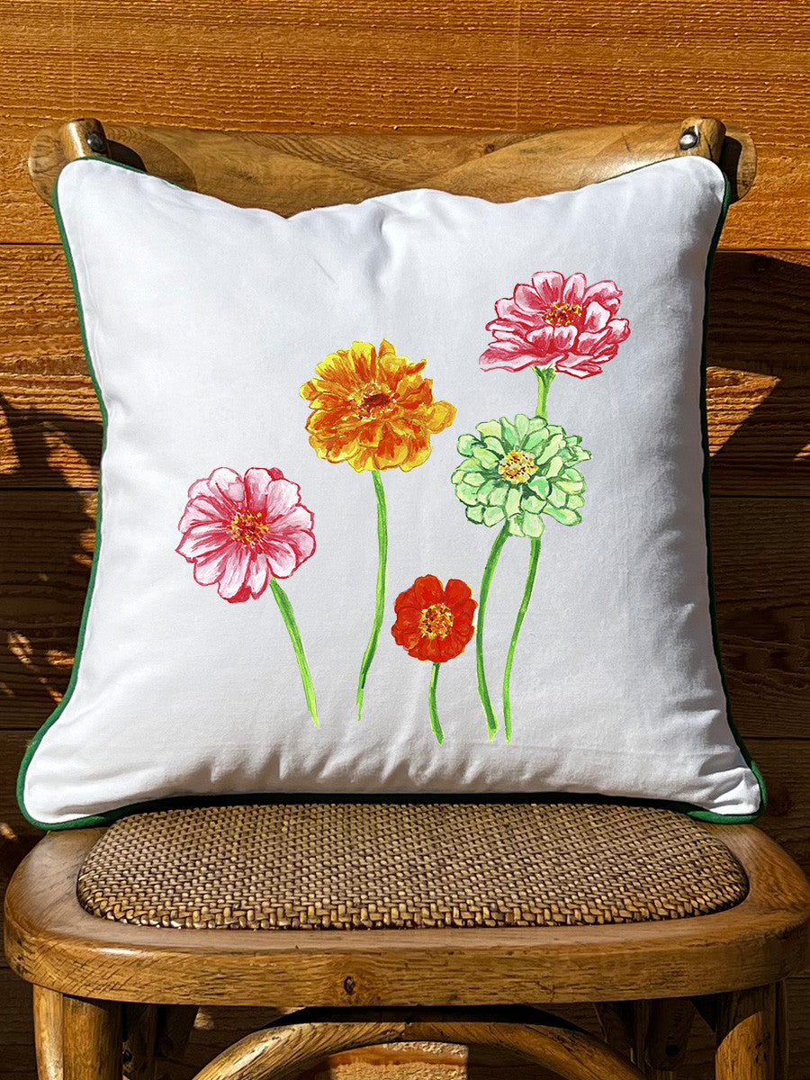Zinnias White Pillow with Piping