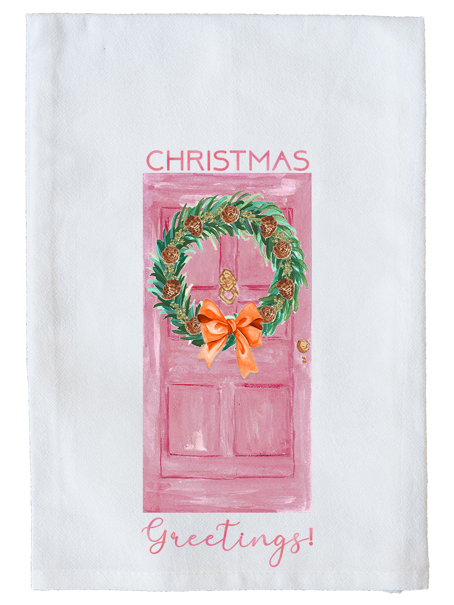 Christmas Greetings Pink Kitchen Towel