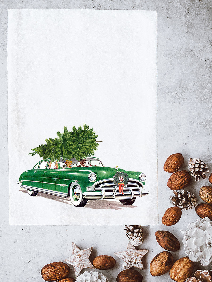 Green Christmas Car Kitchen Towel