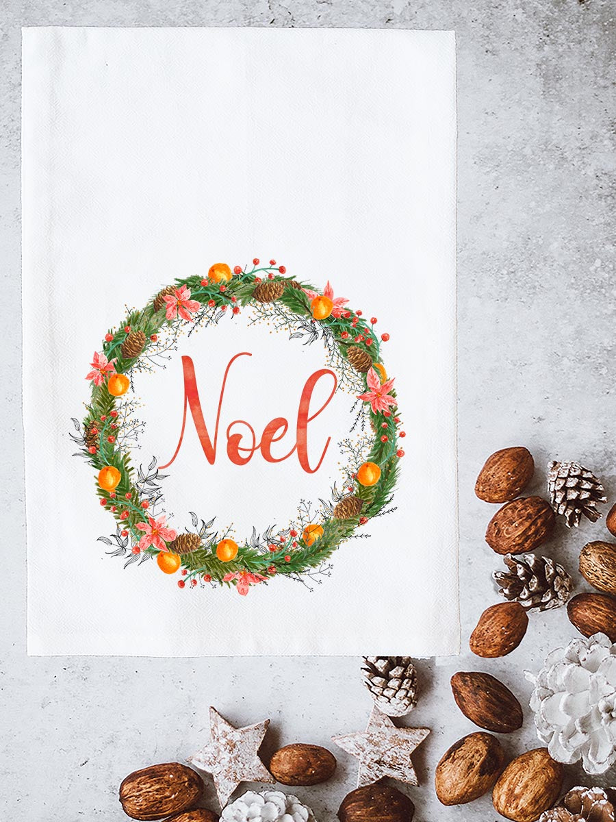 Noel Watercolor Christmas Wreath Kitchen Towel