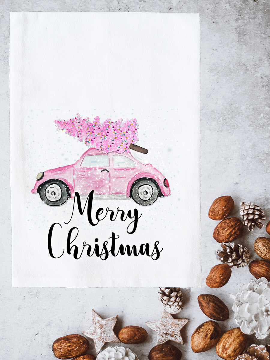 Merry Christmas Pink Car Kitchen Towel