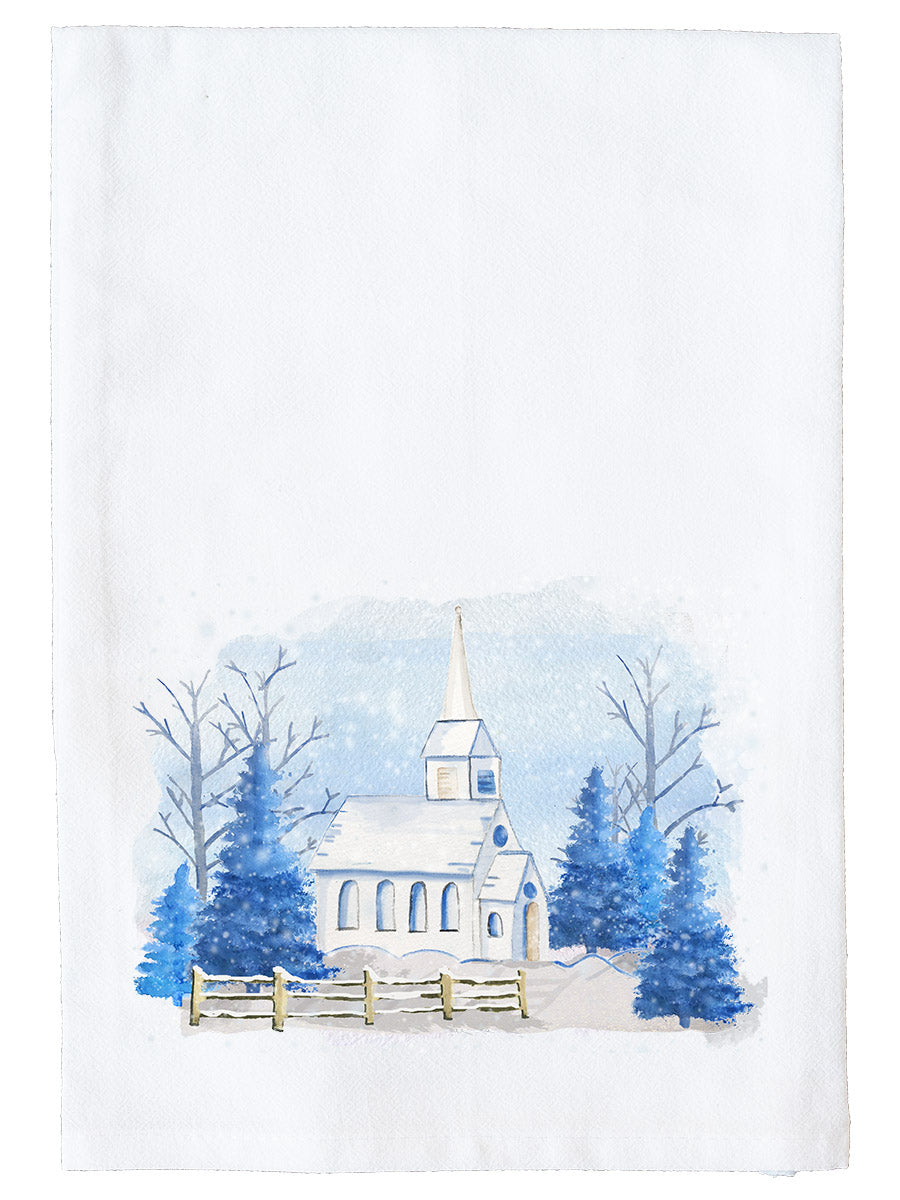 Snowy Blue Church Kitchen Towel