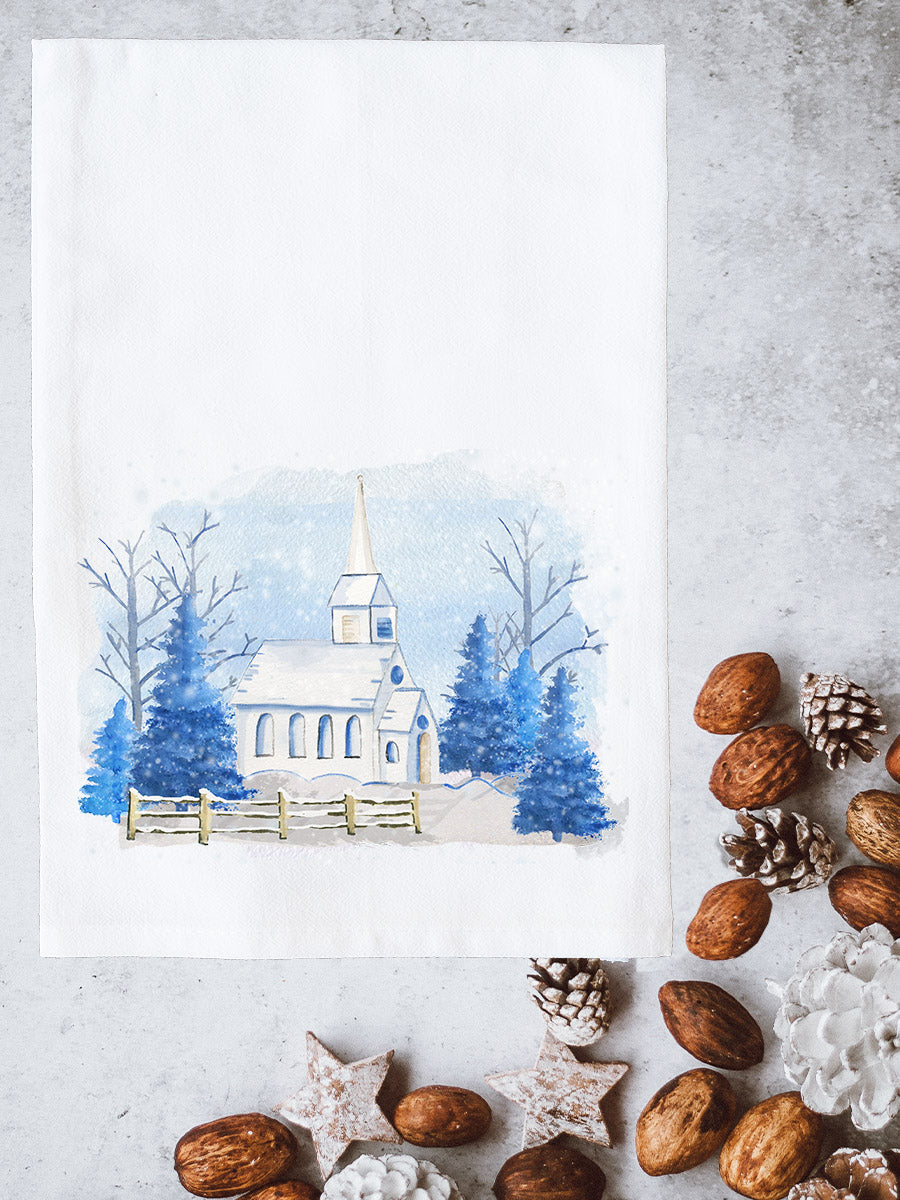 Snowy Blue Church Kitchen Towel