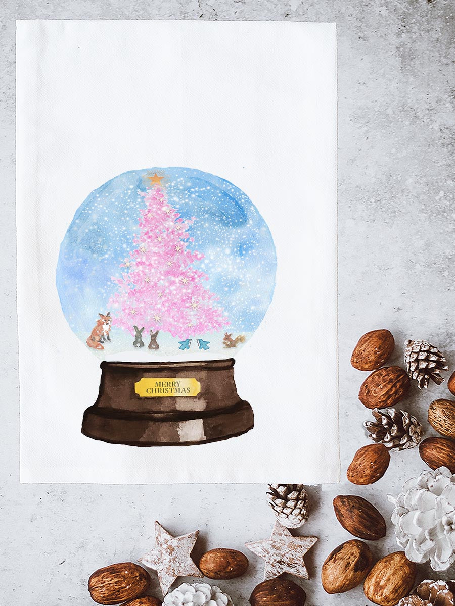 Pink Tree Snow Globe Kitchen Towel