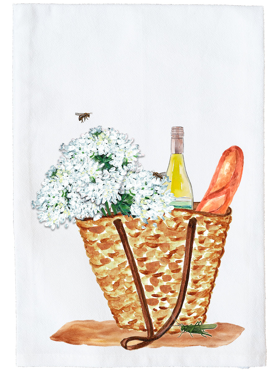 Wicker Tote With Wine & Bread Kitchen Towel