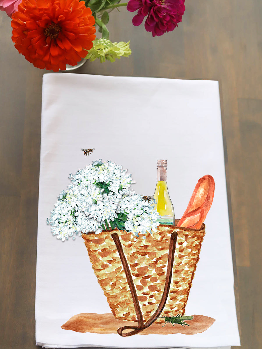 Wicker Tote With Wine & Bread Kitchen Towel