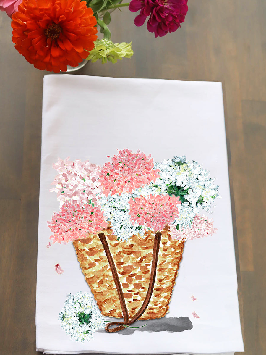 Wicker Tote Hydrangeas Kitchen Towel