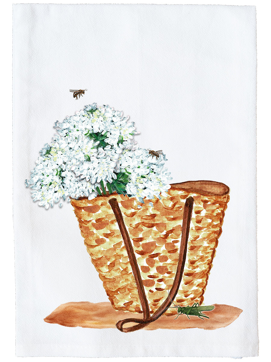 Wicker Tote With White Hydrangeas Kitchen Towel