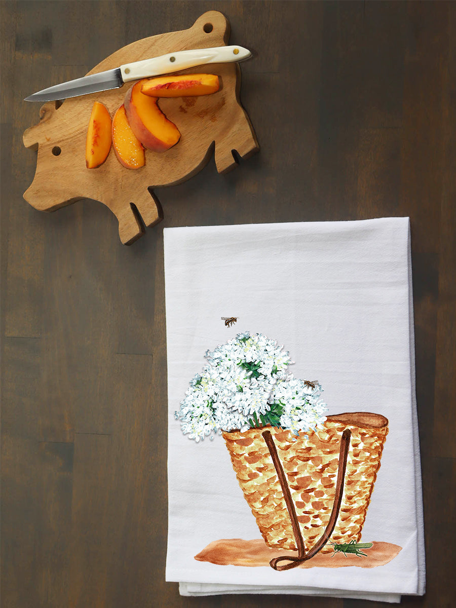 Wicker Tote With White Hydrangeas Kitchen Towel